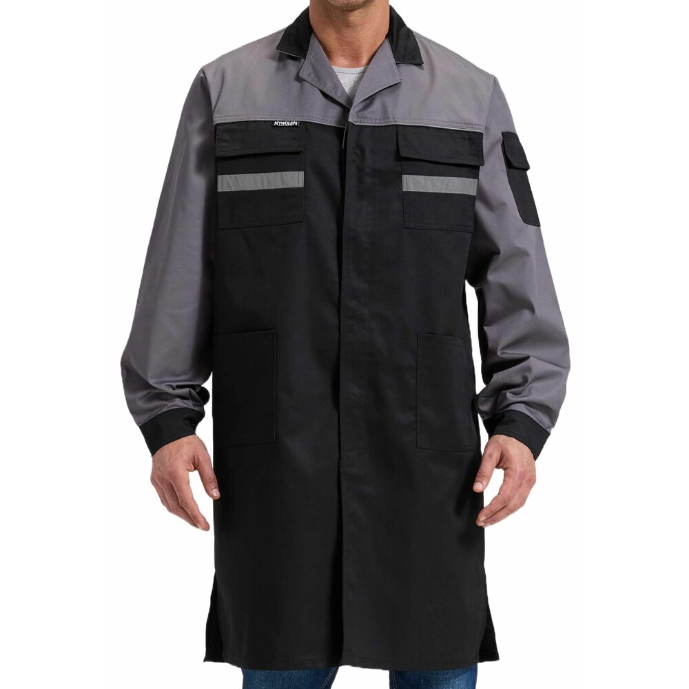 Men's Lab Coat - Long Sleeve Work Smock Jacket, Grey/Black, XL